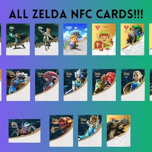 May include: A collection of seventeen rectangular NFC cards featuring various characters and scenes from the Zelda video game series. Each card displays unique artwork, including figures like Link, Zelda, and various enemies, with the text ALL ZELDA NFC CARDS!!!