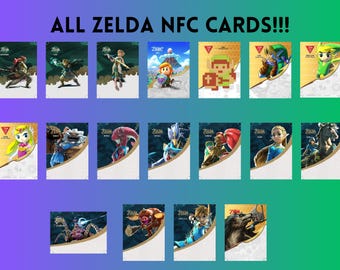 May include: A collection of seventeen rectangular NFC cards featuring various characters and scenes from the Zelda video game series. Each card displays unique artwork, including figures like Link, Zelda, and various enemies, with the text ALL ZELDA NFC CARDS!!!
