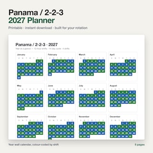 May include: A 2027 Panama 2-2-3 shift rotation wall calendar featuring twelve monthly grids. Each month displays dates colour-coded in blue and green to track 12-hour shifts over a 14-day cycle. The text includes Panama / 2-2-3 2027 Planner and Year at a glance.