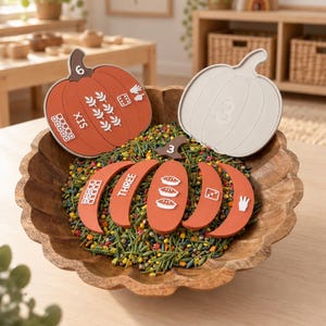 May include: A wooden bowl filled with green sensory filler and three pumpkin-shaped learning pieces. One orange pumpkin features the number six, six leaves, and a die. A white pumpkin shows the number three. A segmented orange pumpkin displays the word three.