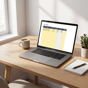 May include: A silver laptop displaying a spreadsheet titled Idées testées with columns for price, production cost, margin, and demand. Next to the laptop are a ceramic mug, a small potted green plant, and a spiral-bound notebook with a black pen.