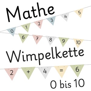 Puede incluir: Una guirnalda decorativa con banderines triangulares en colores pastel suaves. Los banderines muestran los números del 0 al 10 y símbolos matemáticos. El texto "Mathe Wimpelkette 0 bis 10" está impreso en negro con una fuente sans-serif.