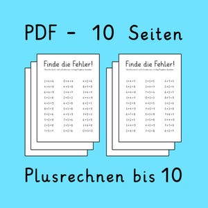 Puede incluir: Un documento PDF digital que contiene 10 páginas de hojas de ejercicios de matemáticas para sumas hasta 10. Cada página presenta el texto en alemán 'Finde die Fehler!' y 'Streiche durch und schreibe das richtige Ergebnis daneben'.