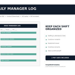 Könnte beinhalten: Eine druckbare Vorlage für ein tägliches Manager-Protokoll mit einer dunkelblauen Kopfzeile und fünf türkisfarbenen horizontalen Abschnitten für Personal, Kundenservice, Betrieb, Inventar und Aufgaben sowie Feldern für Datum, Manager und Schicht.