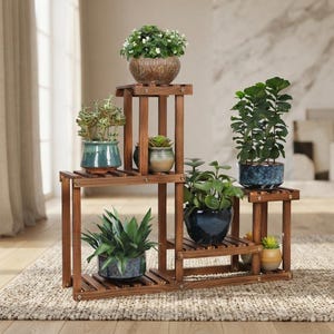 May include: A multi-tiered brown wooden plant stand with a stepped design, featuring six distinct levels for displaying potted plants. The stand holds various ceramic and plastic pots containing green foliage, including leafy plants and small succulents.
