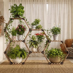 May include: A modular wooden plant stand featuring a series of interconnected hexagonal frames with dark metal corner connectors. The structure holds various potted green plants, including ferns, leafy foliage, and flowering plants on multiple levels.