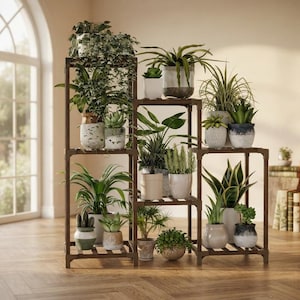 May include: A multi-tiered dark brown wooden plant stand featuring a stepped design with various shelves holding a collection of potted indoor plants, including leafy green foliage, succulents, and ferns in assorted ceramic and textured pots.