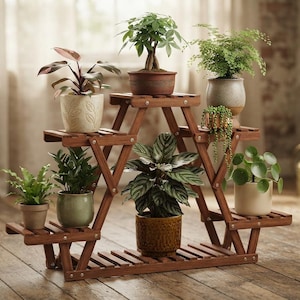 May include: A multi-tiered wooden plant stand with a triangular frame design, featuring seven horizontal slats for holding potted plants. The stand holds various indoor plants in ceramic and terracotta pots of different colors, shapes, and textures.