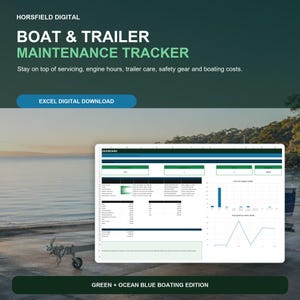 Puede incluir: Una hoja de cálculo digital para Excel de seguimiento de mantenimiento de barcos y remolques. La interfaz muestra un panel con tablas de datos, gráficos de barras y gráficos de líneas para registrar horas de motor, servicios y gastos.