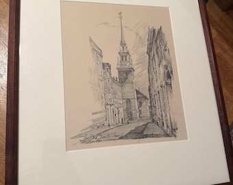 Vintage-Kunstdruck einer gerahmten Skizze der Old North Church in Boston – authentischer originaler Kirchturm-Holzrahmen