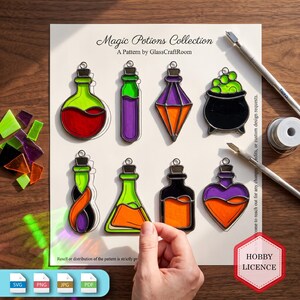 May include: A Magic Potions Collection pattern sheet by GlassCraftRoom featuring eight stained glass designs of bottles and a cauldron. The designs include various shapes filled with vibrant red, green, purple, and orange colors, with a hand touching one.