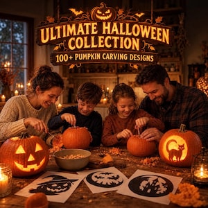 May include: A wooden sign reading ULTIMATE HALLOWEEN COLLECTION 100+ PUMPKIN CARVING DESIGNS hangs above a family carving pumpkins. The scene includes carved pumpkins with jack-o'-lantern and cat silhouettes, paper stencils, and a bowl of seeds.