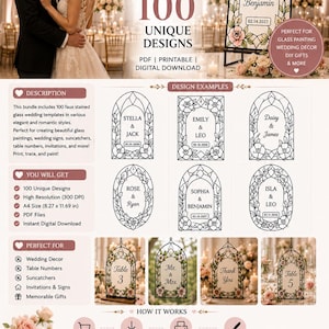 May include: A digital bundle of 100 faux stained glass wedding templates featuring floral arch designs. The document includes text examples like Sophia & Benjamin, Stella & Jack, and Table 3. It specifies A4 size 8.27 x 11.69 inches, PDF format, and high resolution 300 DPI for printing and tracing.