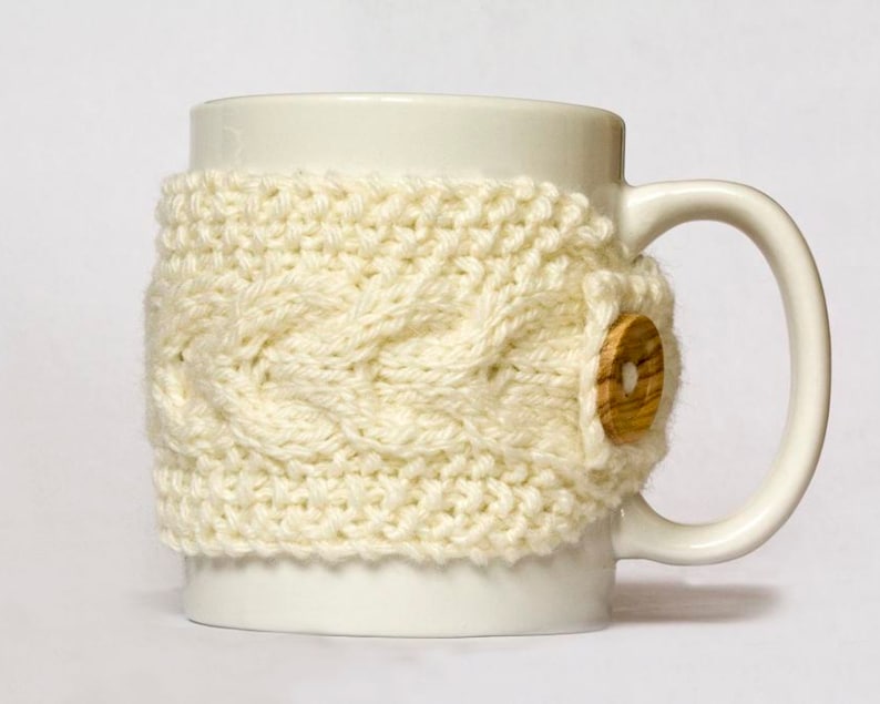 twotone green Aran Hand Knitted Mug Cosy