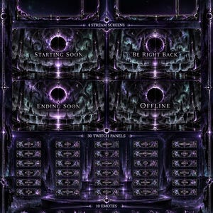 May include: A Voidborne complete Twitch graphics bundle featuring dark purple fantasy landscapes with glowing portals. Includes stream screens, 30 panels, 10 emotes, 6 stream alerts, 6 subscriber badges, and a channel point icon with ornate borders.