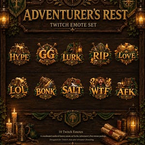 Op de afbeelding: Een digitale collectie van tien Twitch-emotes met een fantasiethema, getiteld ADVENTURER'S REST TWITCH EMOTE SET. De emotes bevatten gouden letters en sierlijke randen met tekst waaronder HYPE, GG, LURK, RIP, LOVE, LOL, BONK, SALT, WTF en AFK.
