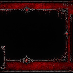 May include: A digital streaming overlay featuring a dark red, textured background with black rectangular frames for video and chat. The design includes ornate, dark metal borders accented with red gems and detailed red rose illustrations.