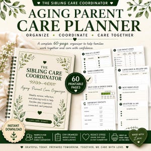 Könnte beinhalten: Ein spiralgebundener Pflegeplaner für alternde Eltern mit cremefarbenem Einband, grünen Blattillustrationen und dem Text The Sibling Care Coordinator. Das Set enthält 60 druckbare Seiten mit Abschnitten für wöchentliche Aufgaben, Kontakte und Pflegeberichte.