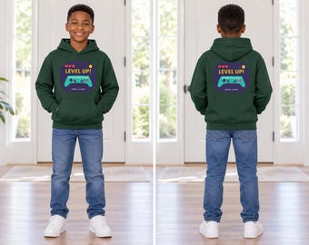 Bluza z kapturem Level Up dla dzieci do gier, nadruk z przodu i z tyłu, młodzieżowa bluza z grafiką kontrolera