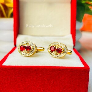 Natural Ruby Gemstone Cufflinks for Men, Gold Plated Oval Cuff Links, Luxury Wedding Cufflinks, Groom Gift, Handmade Jewelry, Gift for Him