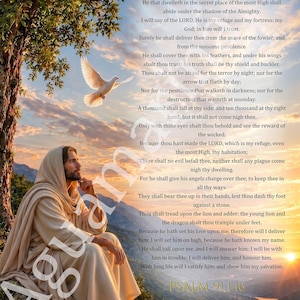 Puede incluir: Una impresión digital con el texto del Salmo 91 en letras doradas sobre un paisaje pintoresco. Una figura con túnicas beige está sentada en un acantilado rocoso sobre un río al atardecer, con una paloma blanca volando en el cielo.