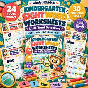 May include: Kindergarten Sight Word Worksheets featuring 24 focus words and 30 printable pages for ages 5-6. The cover displays an owl detective, colorful text, and educational activities like read, trace, find, build, and write. Includes magnifying glass and pencils.