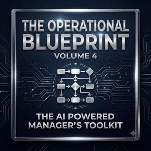 May include: A square digital graphic with a dark blue background featuring metallic silver text that reads THE OPERATIONAL BLUEPRINT VOLUME 4 and THE AI POWERED MANAGER'S TOOLKIT. A central silver flowchart diagram is surrounded by circuit board lines.
