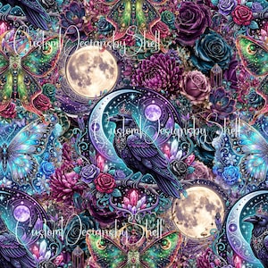 May include: A repeating pattern featuring a black raven wearing a crown, surrounded by full moons, crescent moons, colorful butterflies, blooming roses, and crystals. The text Custom Designsby Shell is overlaid across the vibrant purple and blue design.