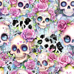 May include: A seamless pattern featuring stylized skulls with large blue eyes, surrounded by vibrant pink roses and green leaves, set against a background of black and white cow print spots. The text Custom Designsby Shell is visible.