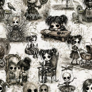 May include: A seamless pattern featuring black and white illustrations of gothic-style children with large eyes, including scenes with a tire swing, a baby carriage, a mirror, a cat, and a skeleton marionette, with the text CustomDesignsbyShari.