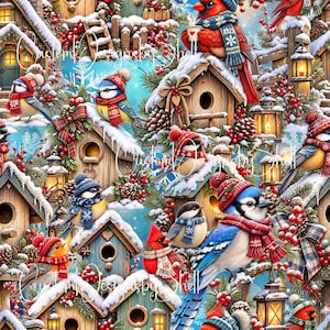 Op de afbeelding: Een herhalend patroon met diverse vogels, waaronder kardinalen en blauwe gaaien met gebreide mutsen en sjaals, zittend op houten vogelhuisjes bedekt met sneeuw, omringd door dennentakken, rode bessen en verlichte lantaarns tegen een blauwe lucht.
