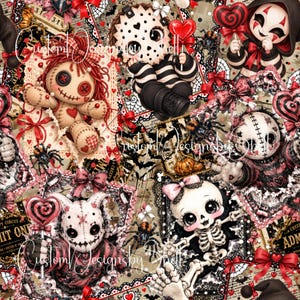 May include: A seamless pattern featuring cartoon characters including a voodoo doll, a hockey mask figure, a skeleton, and a hooded clown. The design incorporates red hearts, black spiders, pumpkins, and red bows on a beige background with text.