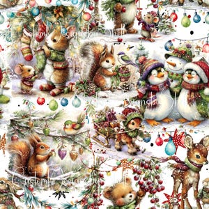 May include: A seamless pattern featuring watercolor illustrations of woodland animals including squirrels, deer, rabbits, and penguins in winter attire, decorated with Christmas ornaments, pine branches, and festive lights on a white background.