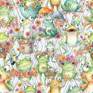 May include: A repeating pattern featuring watercolor-style green frogs in various poses, some sitting in flower pots, wearing flower crowns, or holding baskets, surrounded by colorful flowers and mushrooms against a light gray chevron background.