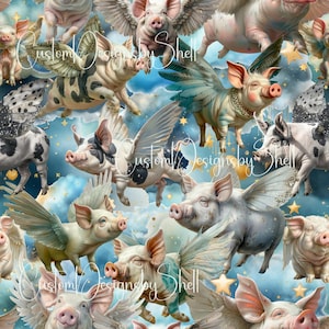 May include: A repeating pattern featuring multiple pink and white pigs with feathered wings flying through a blue sky filled with clouds and yellow stars. The text CustomDesignsbyShell is overlaid across the center of the image.