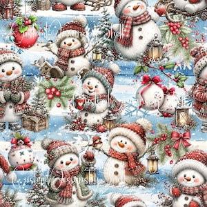 May include: A repeating pattern featuring snowmen wearing red knit hats and scarves, interspersed with red ornaments, green pine branches, holly berries, and lit lanterns against a light blue and white snowy background with text overlays.