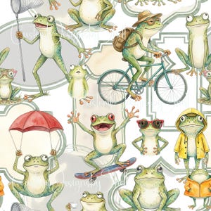 May include: A repeating pattern featuring green frogs in various activities, including riding a bicycle with a backpack, skateboarding, holding a red umbrella, wearing a yellow raincoat, and wearing sunglasses, set against a white background.