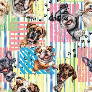 Op de afbeelding: Een herhalend patroon met diverse hondenrassen, waaronder bulldogs, een schnauzer en een pointer, tegen een achtergrond van verticale blauwe, groene en gele strepen, geaccentueerd met roze rechthoekige blokken en zwarte pootafdrukken.