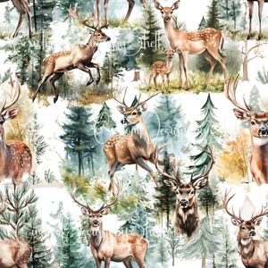 May include: A seamless pattern featuring watercolor illustrations of deer and fawns in a forest setting with pine trees. The design includes brown deer with white spots, antlers, and green foliage on a white background. The text Custom Design by Shell is visible.