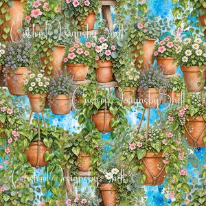 May include: A repeating pattern featuring terracotta pots filled with various flowers and trailing green vines against a blue watercolor background. The text CustomDesignsbyShell is overlaid across the center of the image.