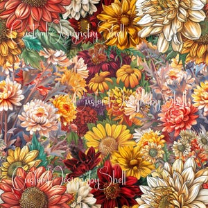 May include: A seamless pattern featuring a dense arrangement of chrysanthemums and sunflowers in shades of red, orange, yellow, and white, with green foliage. The text CustomDesignsbyShell is overlaid in a white cursive script across the image.