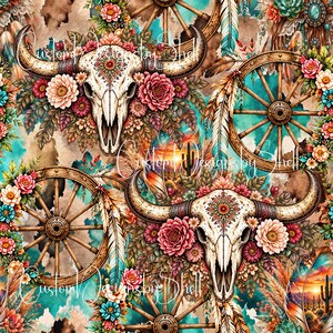Boho Western Longhorn Skull Seamless Pattern, Turquoise Cowgirl Floral Digital Paper, Southwestern Western Design