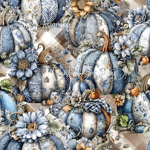 Blue Pumpkin Seamless Pattern, Quilted Pumpkin Digital Paper, Blue Fall Floral Sublimation JPG, Farmhouse Autumn Pattern