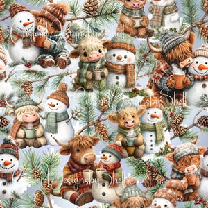 May include: A seamless pattern featuring illustrations of fluffy highland cows and snowmen wearing winter hats and scarves. The characters are holding mugs amidst pine branches and pinecones. The text CustomDesignsbyShell is visible.