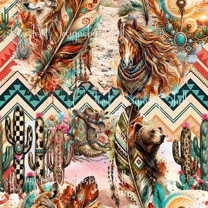 Puede incluir: Un patrón digital con un lobo, un caballo, un oso, cactus, botas vaqueras y plumas en un paisaje desértico. El diseño incluye rayas geométricas en zigzag en color verde azulado, naranja y crema, con el texto CustomDesignsbyShell superpuesto.