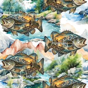May include: A seamless pattern featuring watercolor-style fish with double exposure landscapes of mountains, forests, and a person fishing at sunset inside their bodies. The text CustomDesignsbyShell is overlaid across the repeating design.