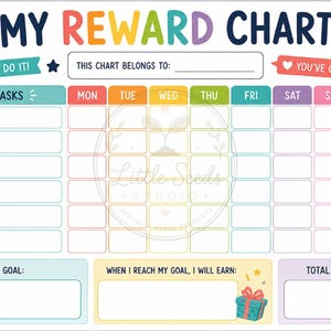 May include: A rectangular reward chart featuring the text MY REWARD CHART, I CAN DO IT, THIS CHART BELONGS TO, YOU'VE GOT THIS, MY TASKS, MY GOAL, WHEN I REACH MY GOAL, I WILL EARN, and TOTAL POINTS. It includes a grid for days of the week.