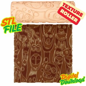 Può includere: Un rullo per texture cilindrico color pesca chiaro con un motivo in rilievo di vari volti di cani. Sotto il rullo si trova un campione quadrato marrone che mostra il motivo impresso. Il testo sull'immagine recita TEXTURE ROLLER, STL FILE, Digital Download.