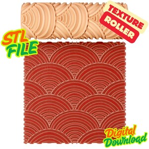 May include: A beige cylindrical texture roller and a square red sheet featuring a repeating pattern of concentric semicircles. The image includes the text STL FILE, TEXTURE ROLLER, and Digital Download in various colors and fonts.