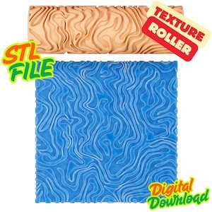 Peut inclure: Un rouleau à texture cylindrique beige et une feuille texturée bleue carrée présentant un motif organique ondulé. L'image inclut le texte "TEXTURE ROLLER", "STL FILE" et "Digital Download" en plusieurs couleurs, indiquant un fichier numérique.